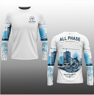 All Phase Fishing Team long-sleeve performance shirt, front and back, with Palm Beach skyline and marlin design
